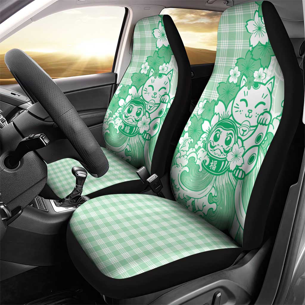 Green Palaka Hawaiian And Japanese Car Seat Cover Maneki Neko And Sakura Bloom DT05 - Polynesian Pride