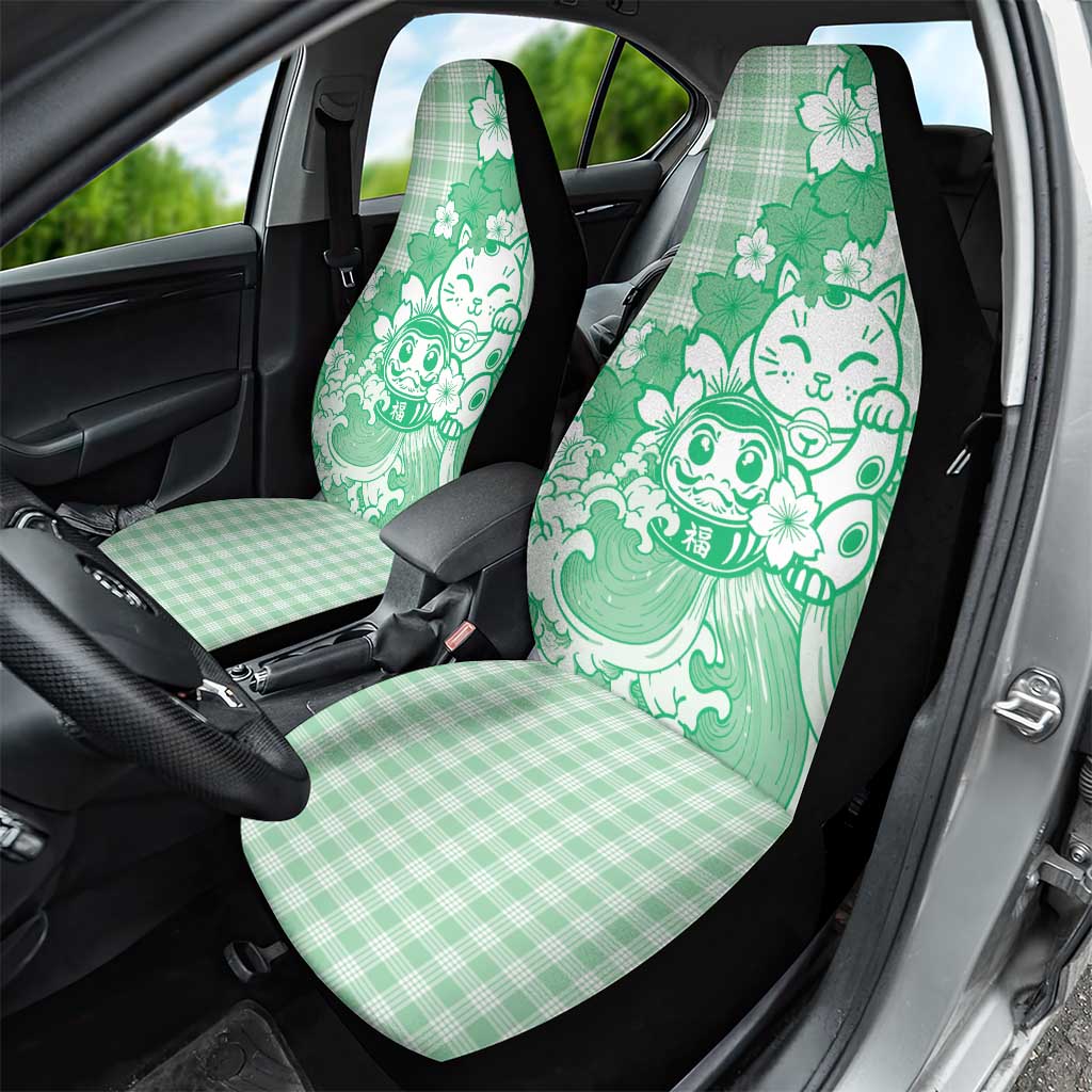 Green Palaka Hawaiian And Japanese Car Seat Cover Maneki Neko And Sakura Bloom DT05 - Polynesian Pride