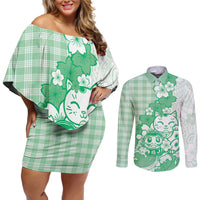 Green Palaka Hawaiian And Japanese Couples Matching Off Shoulder Short Dress and Long Sleeve Button Shirt Maneki Neko And Sakura Bloom