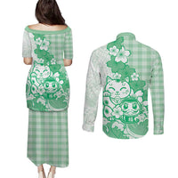Green Palaka Hawaiian And Japanese Couples Matching Puletasi and Long Sleeve Button Shirt Maneki Neko And Sakura Bloom DT05 - Polynesian Pride