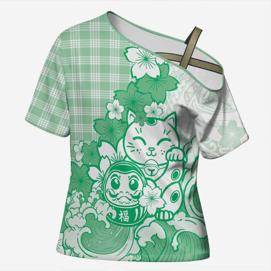 Green Palaka Hawaiian And Japanese Cross Shoulder Shirt Maneki Neko And Sakura Bloom DT05 Female Green - Polynesian Pride