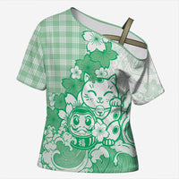 Green Palaka Hawaiian And Japanese Cross Shoulder Shirt Maneki Neko And Sakura Bloom DT05 Female Green - Polynesian Pride