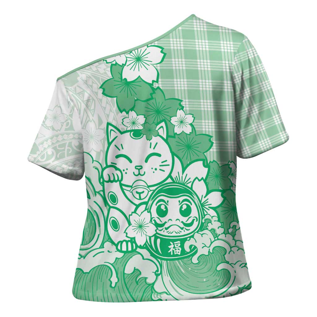 Green Palaka Hawaiian And Japanese Cross Shoulder Shirt Maneki Neko And Sakura Bloom DT05 - Polynesian Pride