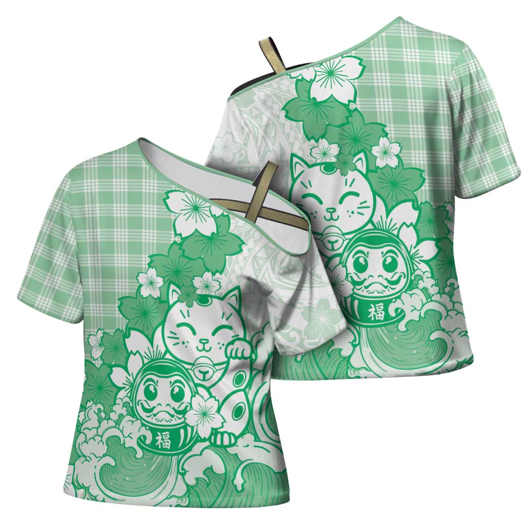 Green Palaka Hawaiian And Japanese Cross Shoulder Shirt Maneki Neko And Sakura Bloom DT05 - Polynesian Pride