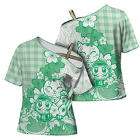 Green Palaka Hawaiian And Japanese Cross Shoulder Shirt Maneki Neko And Sakura Bloom DT05 - Polynesian Pride