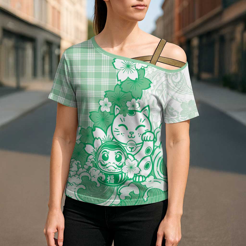 Green Palaka Hawaiian And Japanese Cross Shoulder Shirt Maneki Neko And Sakura Bloom DT05 - Polynesian Pride