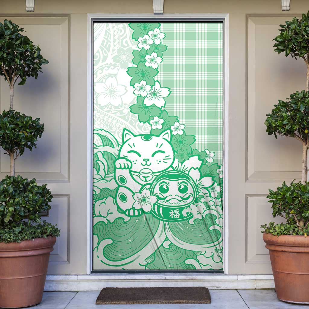 Green Palaka Hawaiian And Japanese Door Cover Maneki Neko And Sakura Bloom DT05 Green - Polynesian Pride