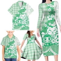 Green Palaka Hawaiian And Japanese Family Matching Long Sleeve Bodycon Dress and Hawaiian Shirt Maneki Neko And Sakura Bloom