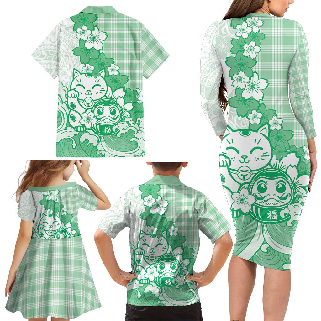 Green Palaka Hawaiian And Japanese Family Matching Long Sleeve Bodycon Dress and Hawaiian Shirt Maneki Neko And Sakura Bloom