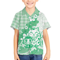 Green Palaka Hawaiian And Japanese Family Matching Long Sleeve Bodycon Dress and Hawaiian Shirt Maneki Neko And Sakura Bloom