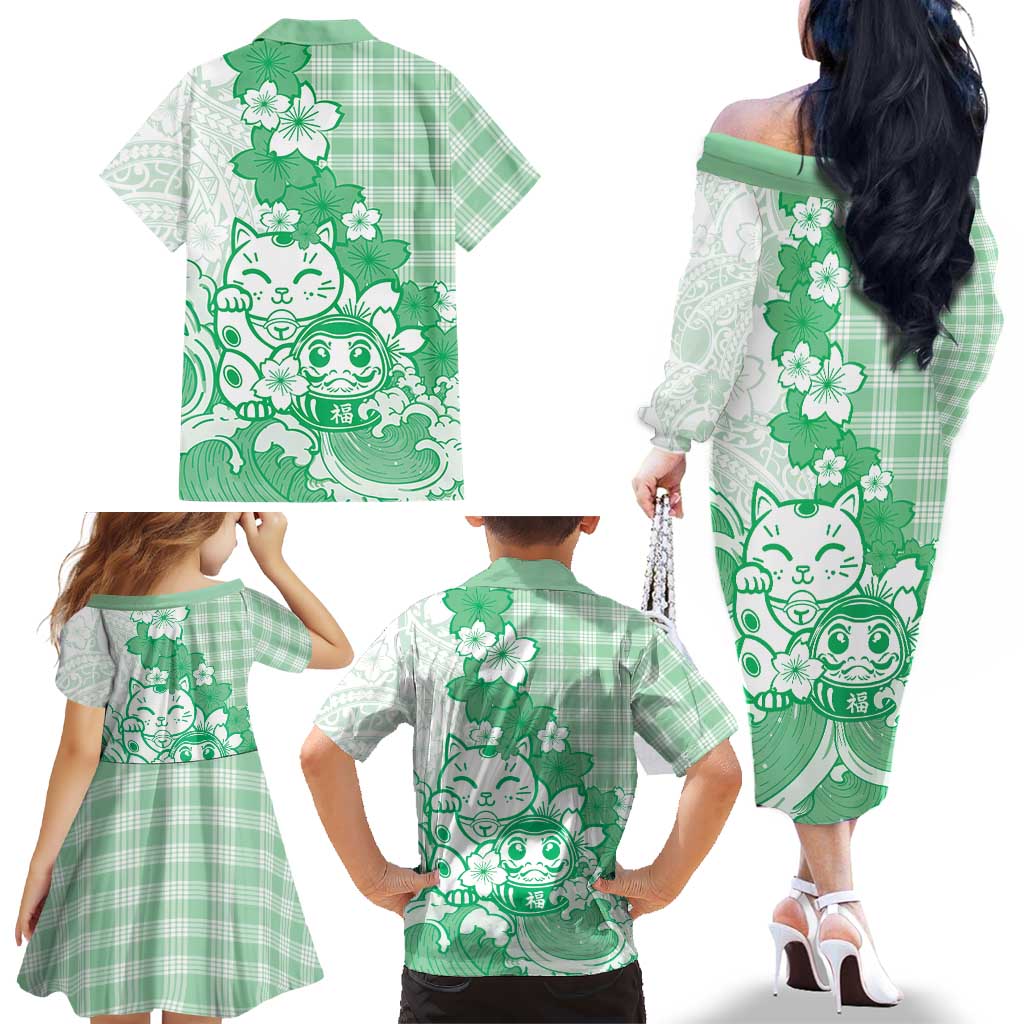 Green Palaka Hawaiian And Japanese Family Matching Off The Shoulder Long Sleeve Dress and Hawaiian Shirt Maneki Neko And Sakura Bloom
