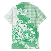 Green Palaka Hawaiian And Japanese Family Matching Off The Shoulder Long Sleeve Dress and Hawaiian Shirt Maneki Neko And Sakura Bloom