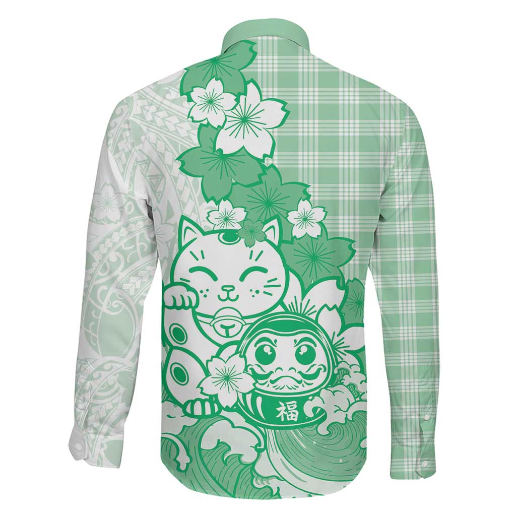 Green Palaka Hawaiian And Japanese Family Matching Off The Shoulder Long Sleeve Dress and Hawaiian Shirt Maneki Neko And Sakura Bloom
