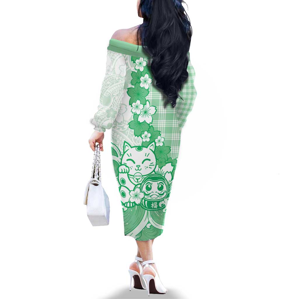 Green Palaka Hawaiian And Japanese Family Matching Off The Shoulder Long Sleeve Dress and Hawaiian Shirt Maneki Neko And Sakura Bloom