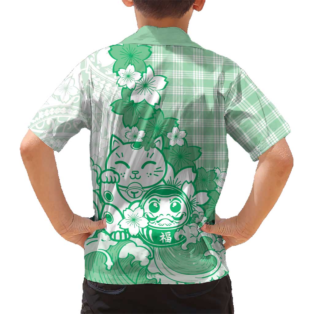 Green Palaka Hawaiian And Japanese Family Matching Off Shoulder Maxi Dress and Hawaiian Shirt Maneki Neko And Sakura Bloom