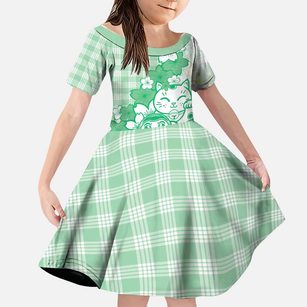 Green Palaka Hawaiian And Japanese Family Matching Off Shoulder Maxi Dress and Hawaiian Shirt Maneki Neko And Sakura Bloom