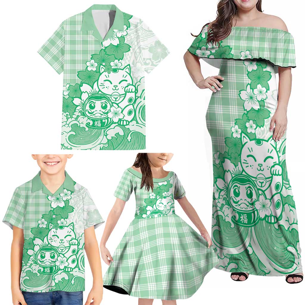 Green Palaka Hawaiian And Japanese Family Matching Off Shoulder Maxi Dress and Hawaiian Shirt Maneki Neko And Sakura Bloom DT05 - Polynesian Pride