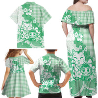 Green Palaka Hawaiian And Japanese Family Matching Off Shoulder Maxi Dress and Hawaiian Shirt Maneki Neko And Sakura Bloom