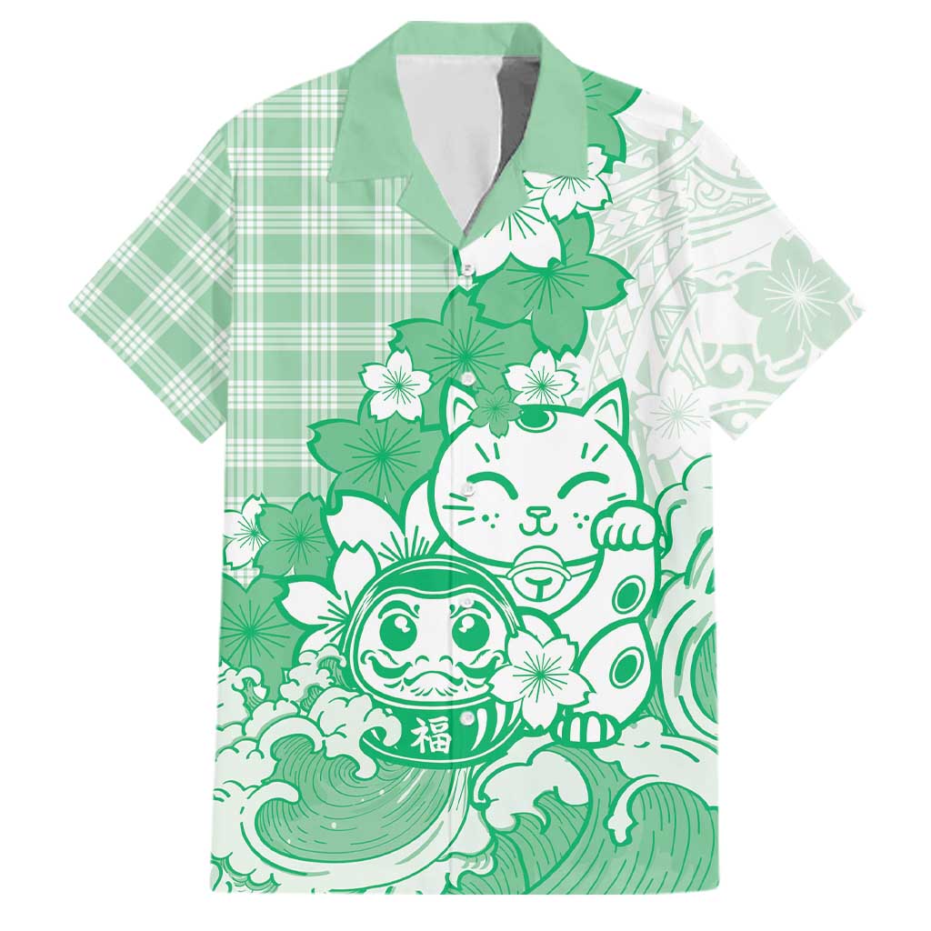 Green Palaka Hawaiian And Japanese Family Matching Off Shoulder Maxi Dress and Hawaiian Shirt Maneki Neko And Sakura Bloom