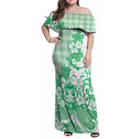 Green Palaka Hawaiian And Japanese Family Matching Off Shoulder Maxi Dress and Hawaiian Shirt Maneki Neko And Sakura Bloom