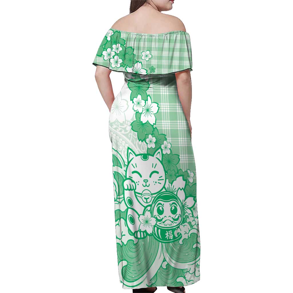 Green Palaka Hawaiian And Japanese Family Matching Off Shoulder Maxi Dress and Hawaiian Shirt Maneki Neko And Sakura Bloom