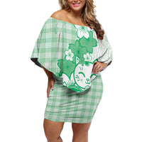 Green Palaka Hawaiian And Japanese Family Matching Off Shoulder Short Dress and Hawaiian Shirt Maneki Neko And Sakura Bloom