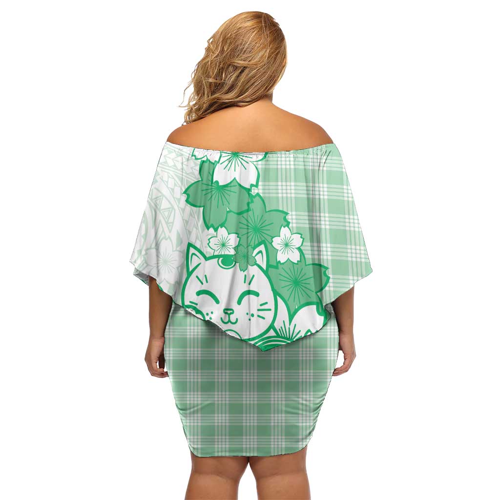 Green Palaka Hawaiian And Japanese Family Matching Off Shoulder Short Dress and Hawaiian Shirt Maneki Neko And Sakura Bloom