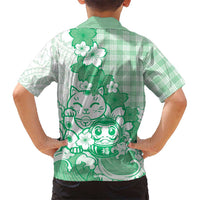 Green Palaka Hawaiian And Japanese Family Matching Puletasi and Hawaiian Shirt Maneki Neko And Sakura Bloom