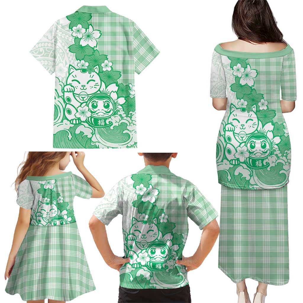Green Palaka Hawaiian And Japanese Family Matching Puletasi and Hawaiian Shirt Maneki Neko And Sakura Bloom