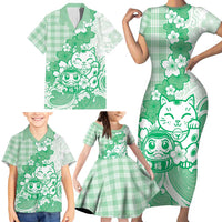 Green Palaka Hawaiian And Japanese Family Matching Short Sleeve Bodycon Dress and Hawaiian Shirt Maneki Neko And Sakura Bloom