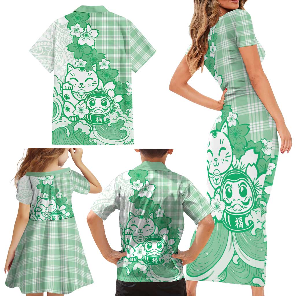 Green Palaka Hawaiian And Japanese Family Matching Short Sleeve Bodycon Dress and Hawaiian Shirt Maneki Neko And Sakura Bloom