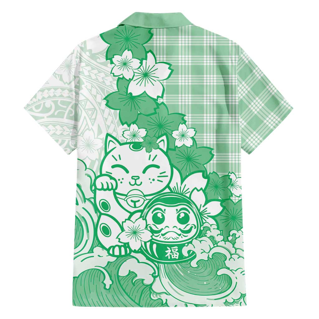 Green Palaka Hawaiian And Japanese Family Matching Short Sleeve Bodycon Dress and Hawaiian Shirt Maneki Neko And Sakura Bloom
