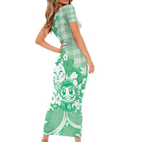 Green Palaka Hawaiian And Japanese Family Matching Short Sleeve Bodycon Dress and Hawaiian Shirt Maneki Neko And Sakura Bloom