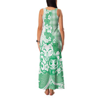 Green Palaka Hawaiian And Japanese Family Matching Tank Maxi Dress and Hawaiian Shirt Maneki Neko And Sakura Bloom