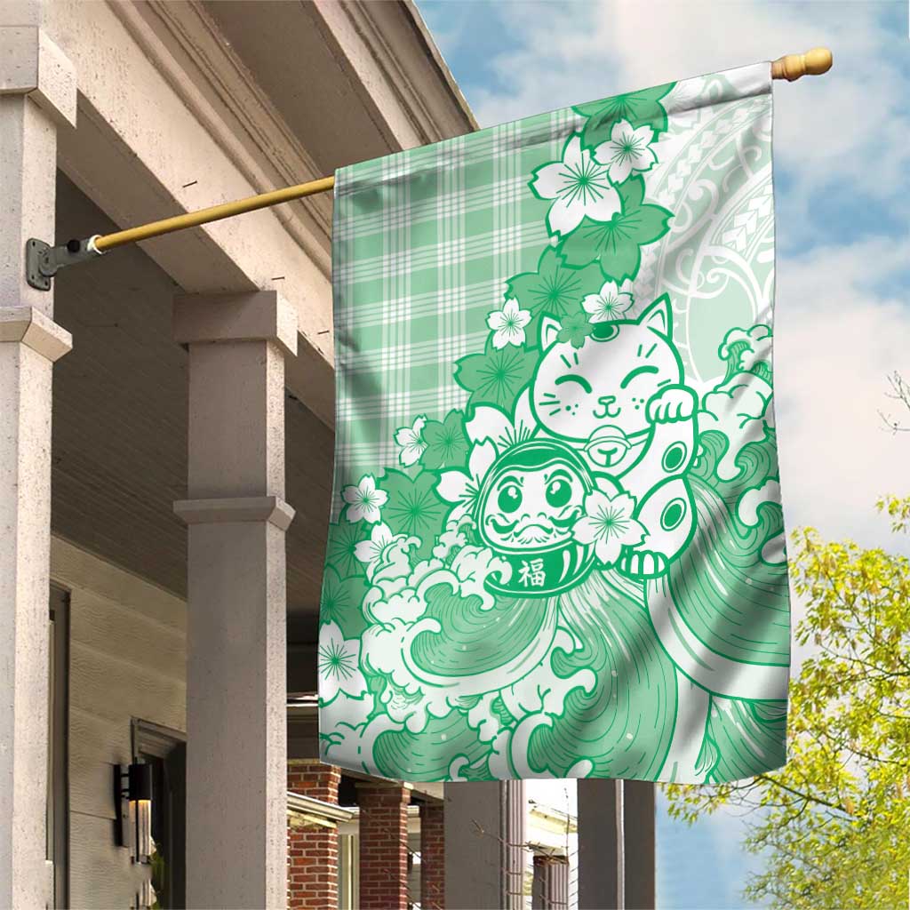 Green Palaka Hawaiian And Japanese Garden Flag Maneki Neko And Sakura Bloom DT05 House Flag Green - Polynesian Pride