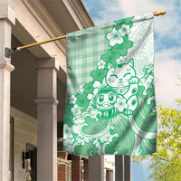 Green Palaka Hawaiian And Japanese Garden Flag Maneki Neko And Sakura Bloom DT05 House Flag Green - Polynesian Pride