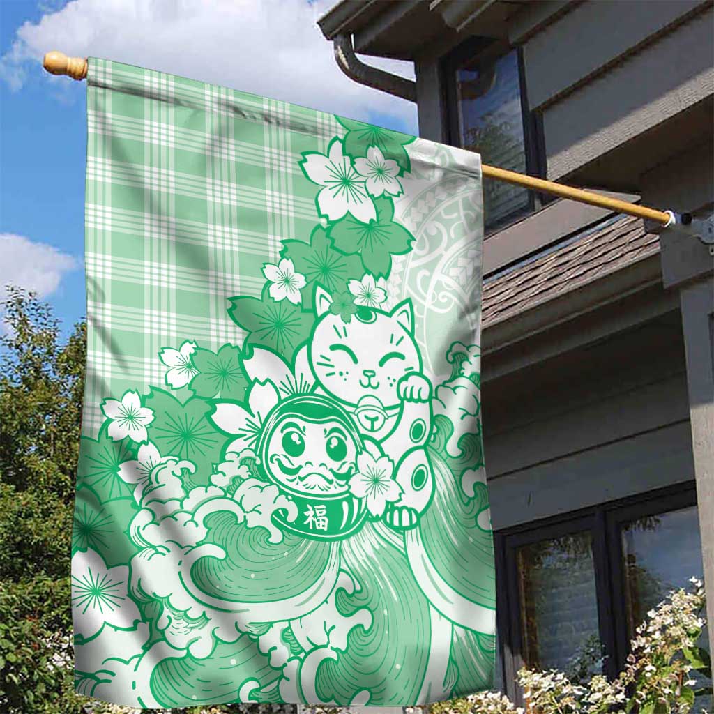Green Palaka Hawaiian And Japanese Garden Flag Maneki Neko And Sakura Bloom DT05 - Polynesian Pride