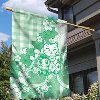 Green Palaka Hawaiian And Japanese Garden Flag Maneki Neko And Sakura Bloom DT05 - Polynesian Pride