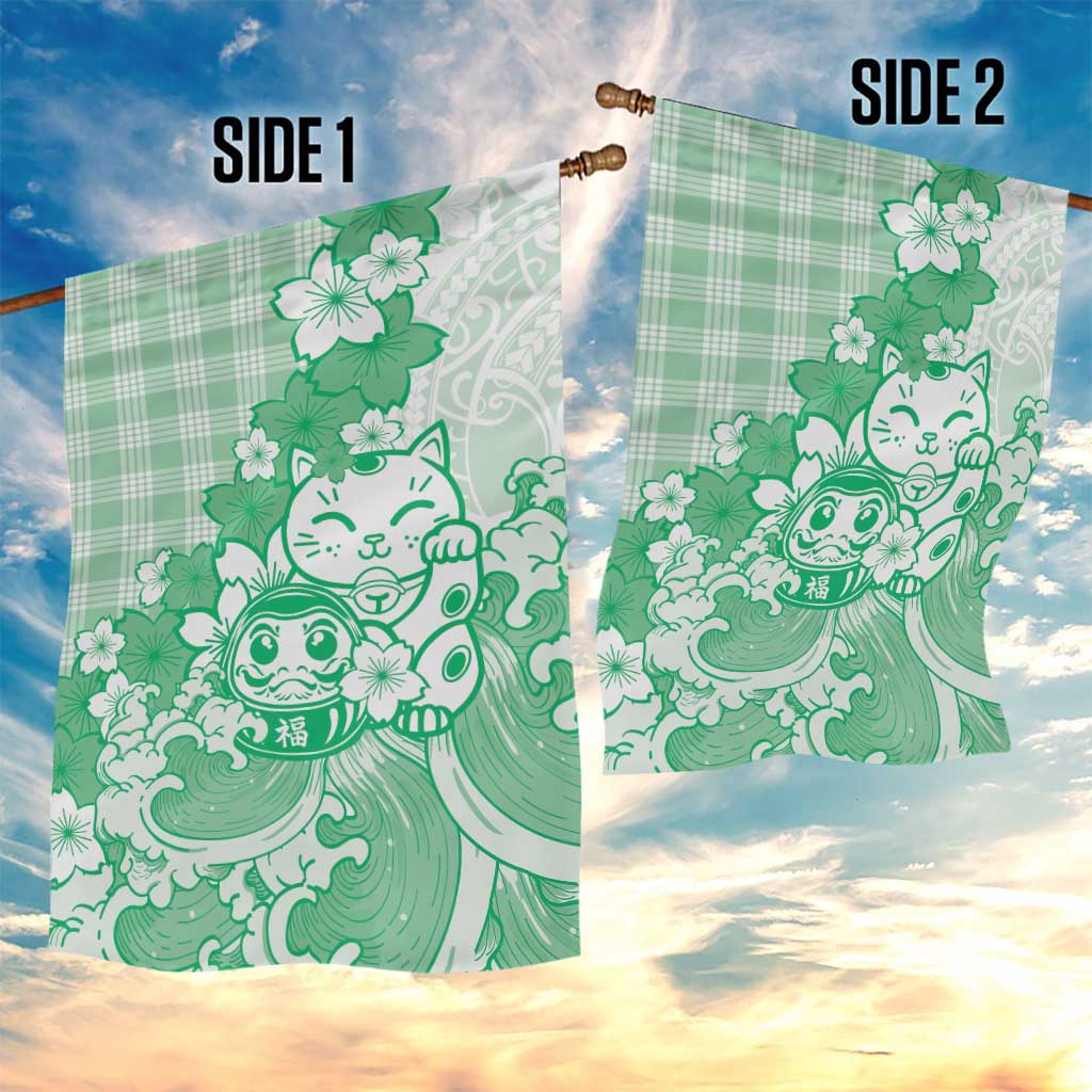 Green Palaka Hawaiian And Japanese Garden Flag Maneki Neko And Sakura Bloom DT05 - Polynesian Pride