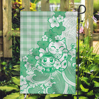 Green Palaka Hawaiian And Japanese Garden Flag Maneki Neko And Sakura Bloom DT05 Garden Flag Green - Polynesian Pride