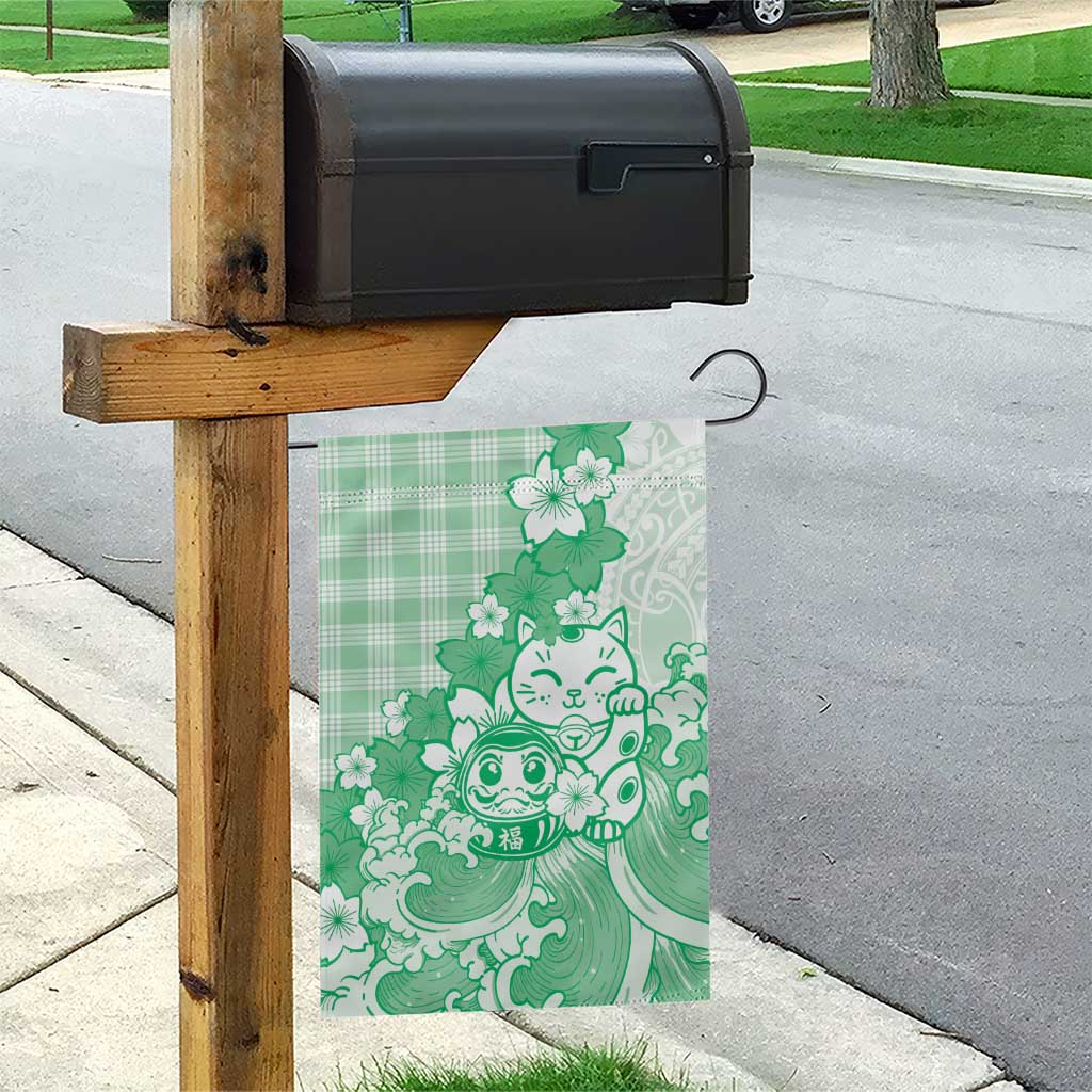 Green Palaka Hawaiian And Japanese Garden Flag Maneki Neko And Sakura Bloom DT05 - Polynesian Pride