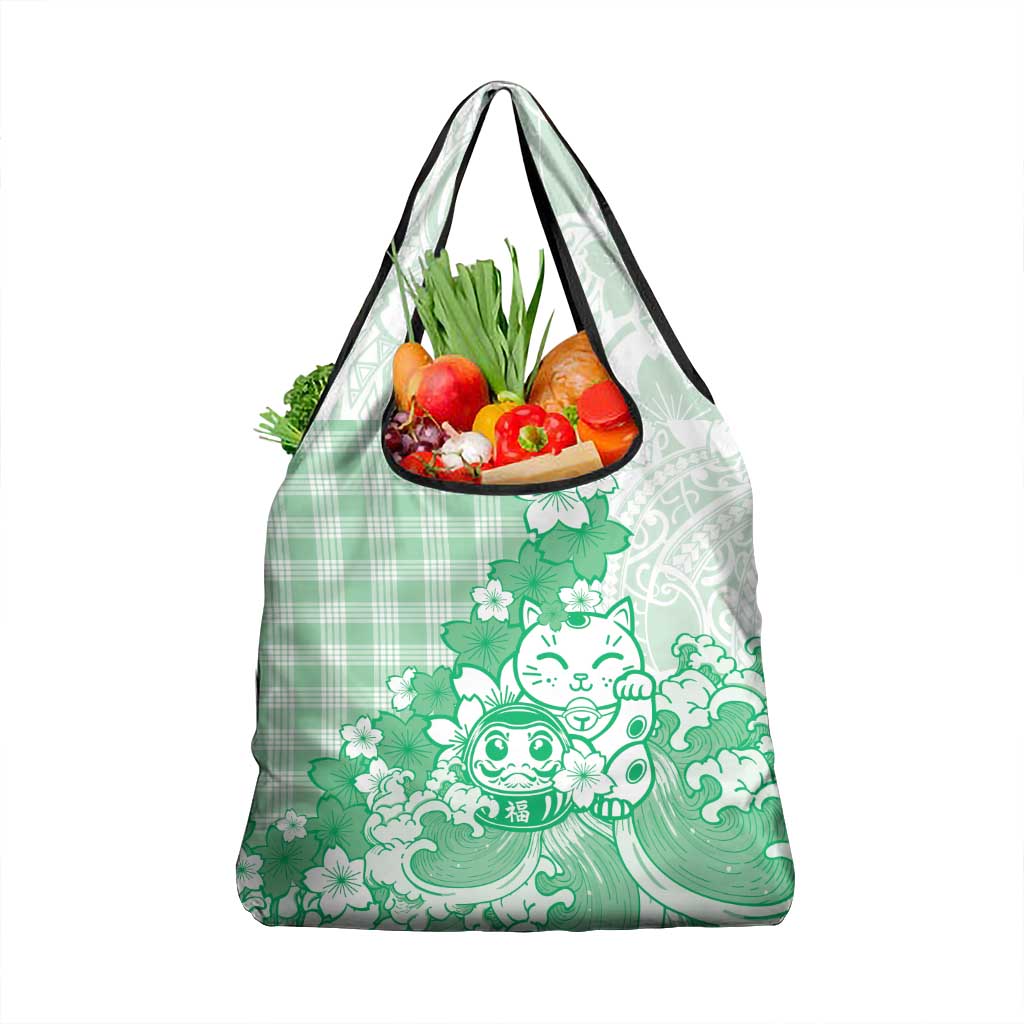 Green Palaka Hawaiian And Japanese Grocery Bag Maneki Neko And Sakura Bloom DT05 1-pack One Size Green - Polynesian Pride