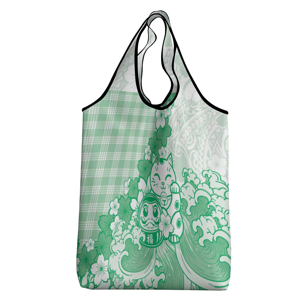 Green Palaka Hawaiian And Japanese Grocery Bag Maneki Neko And Sakura Bloom DT05 - Polynesian Pride