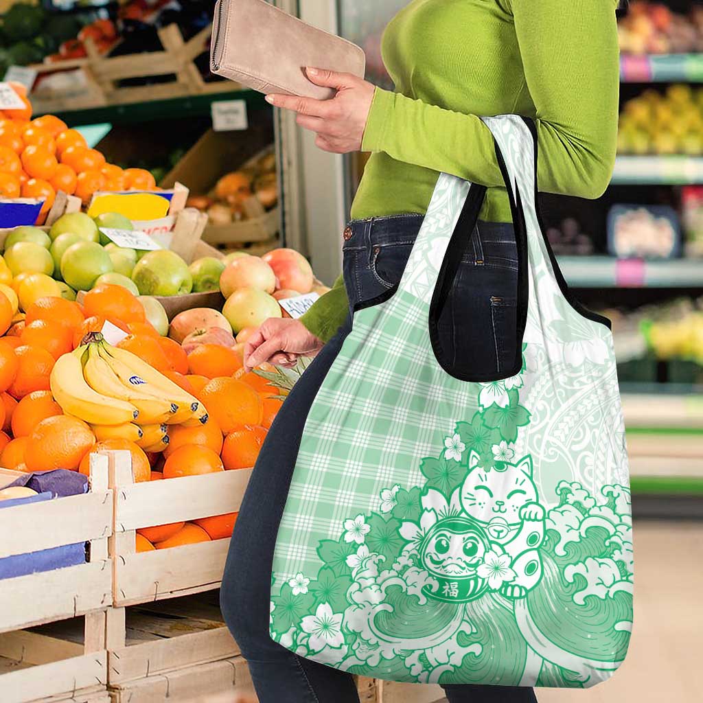 Green Palaka Hawaiian And Japanese Grocery Bag Maneki Neko And Sakura Bloom DT05 - Polynesian Pride