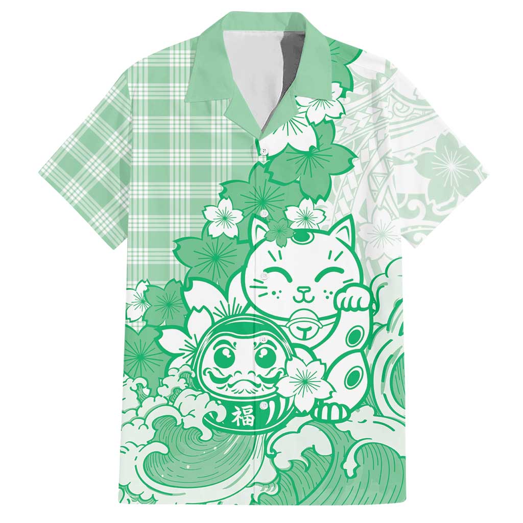 Green Palaka Hawaiian And Japanese Hawaiian Shirt Maneki Neko And Sakura Bloom DT05 Green - Polynesian Pride