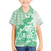 Green Palaka Hawaiian And Japanese Hawaiian Shirt Maneki Neko And Sakura Bloom DT05 - Polynesian Pride