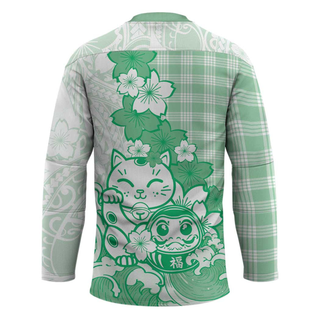 Green Palaka Hawaiian And Japanese Hockey Jersey Maneki Neko And Sakura Bloom DT05 - Polynesian Pride