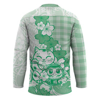 Green Palaka Hawaiian And Japanese Hockey Jersey Maneki Neko And Sakura Bloom DT05 - Polynesian Pride