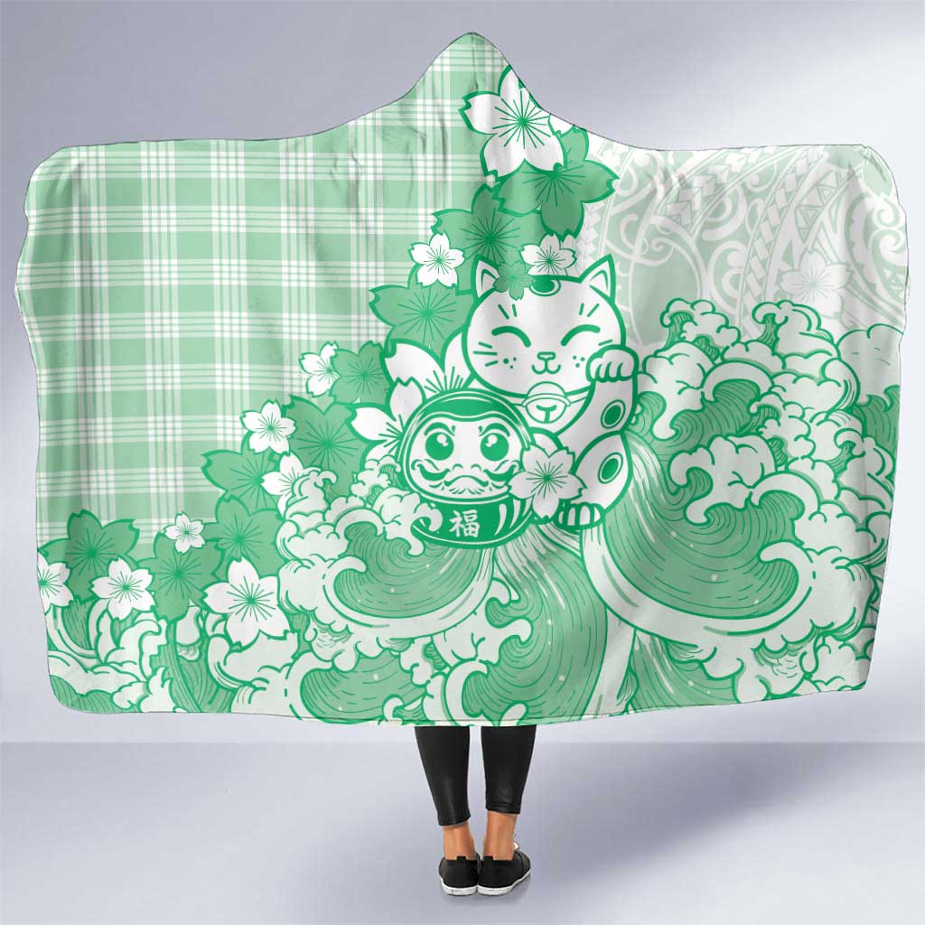 Green Palaka Hawaiian And Japanese Hooded Blanket Maneki Neko And Sakura Bloom DT05 One Size Green - Polynesian Pride
