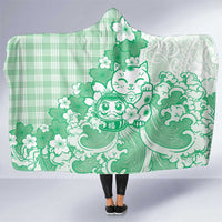 Green Palaka Hawaiian And Japanese Hooded Blanket Maneki Neko And Sakura Bloom DT05 One Size Green - Polynesian Pride